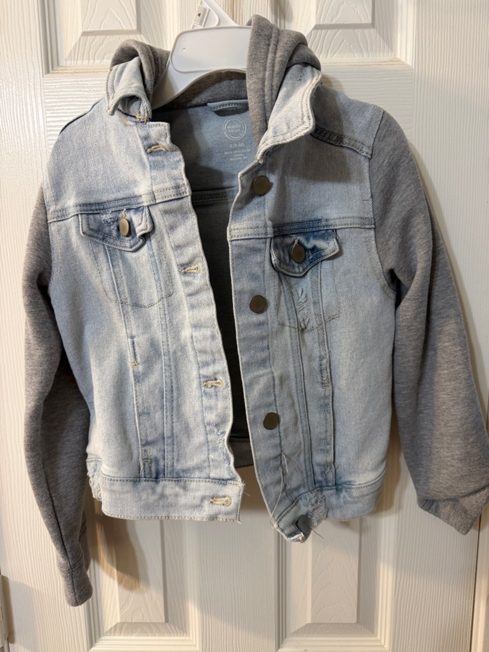 wonder nation Light Wash Denim Jacket with Gray Hoodie Sleeves